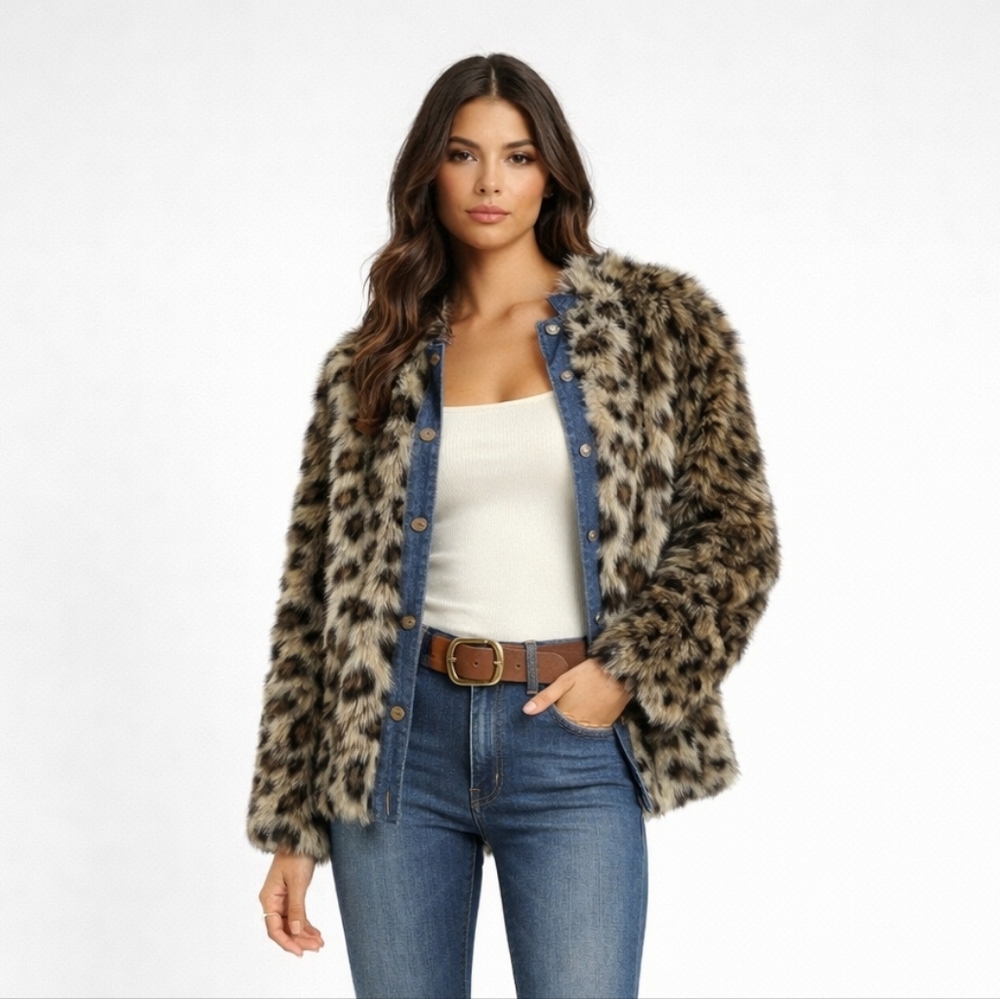 Harvey Faircloth Leopard Printed Faux Fur Denim Bomber Jacket Size M